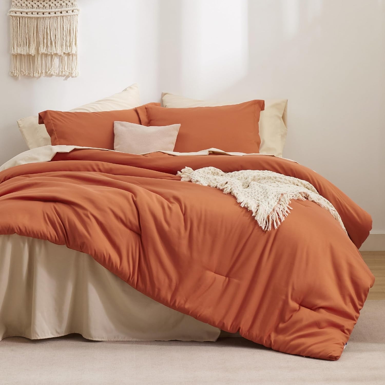 Cozy Comfort Full Size Comforter Set Burnt Orange, 7 Pieces Soft Bedding Sets with Comforter, Sheets, Pillowcases \u0026 Shams, All Season Boho Bed in a Bag Full Size